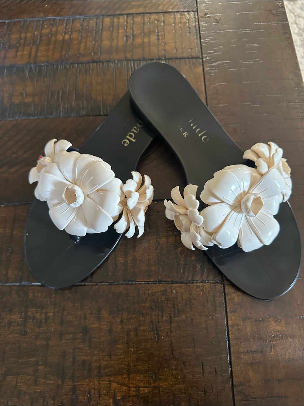 kate spade Black Slide Sandals with Cream Floral Appliqué